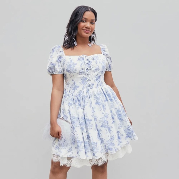 Cider Toile de Jouy Puff Sleeve Mini Dress - Picture 2 of 3